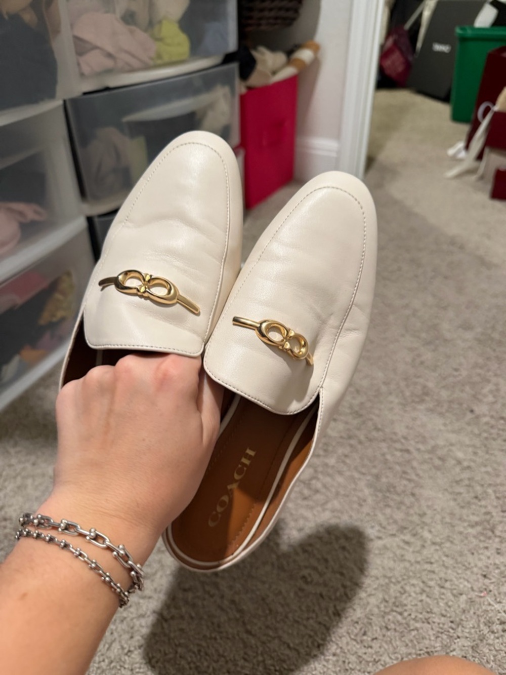 Coach Cream Leather Slip-On Loafers with Gold Horsebit